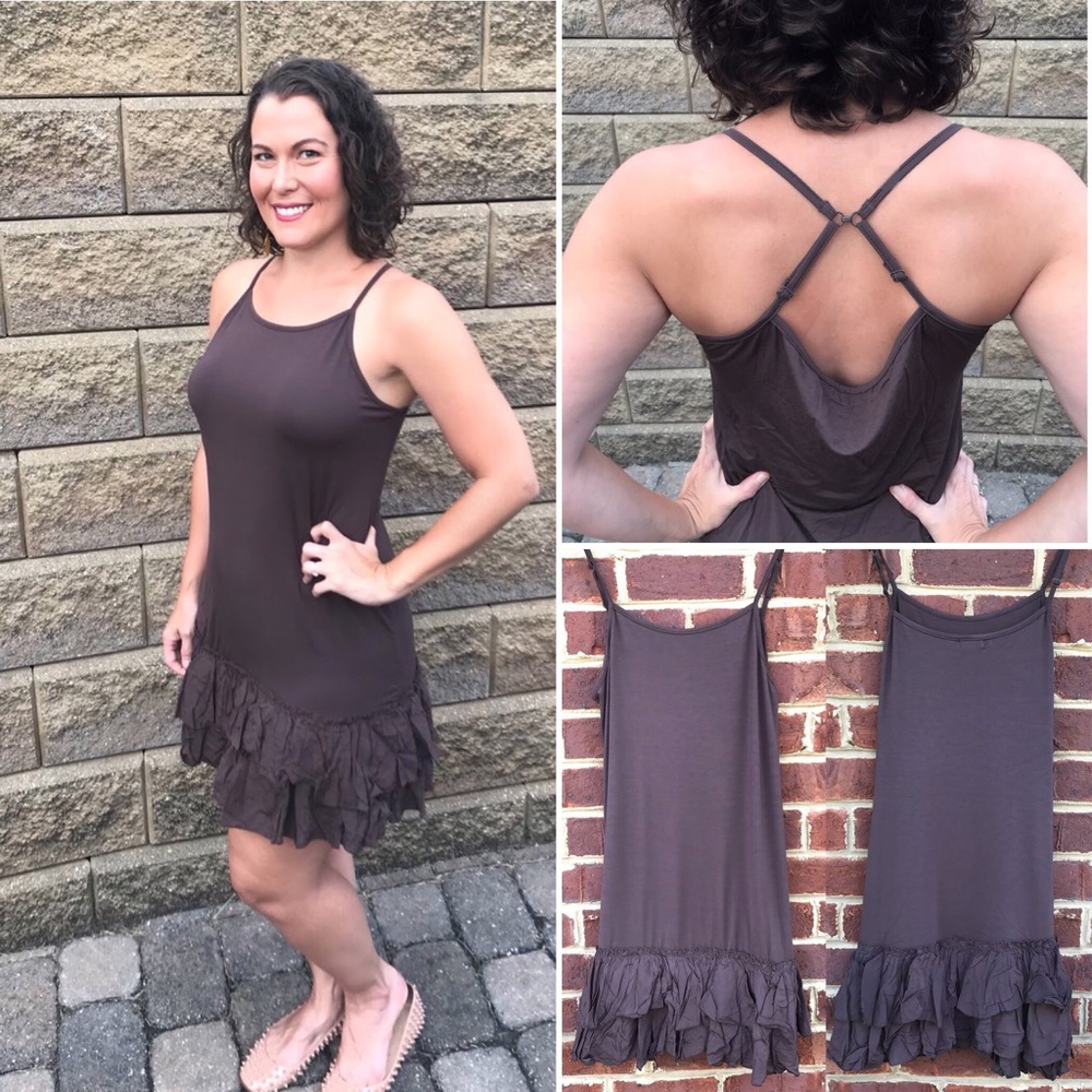 Brown Double Ruffle Dress Extender Slip Layered Tiered Dress Multi-Way Strap